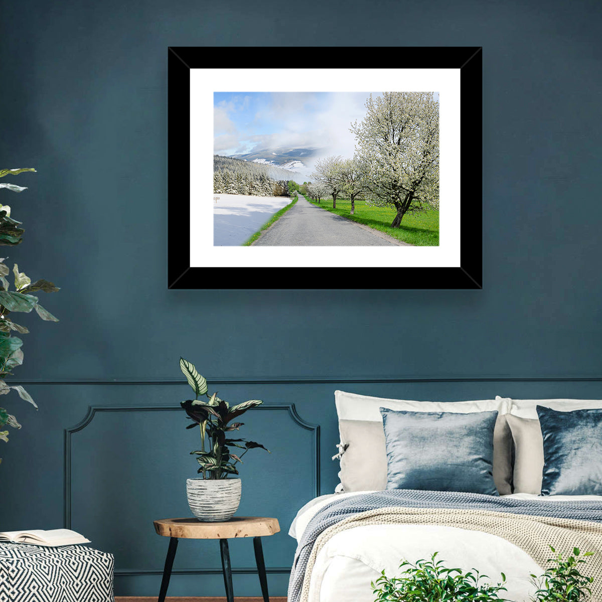 Season Change Road to Snowy Mountain Wall Art in a room, landscape