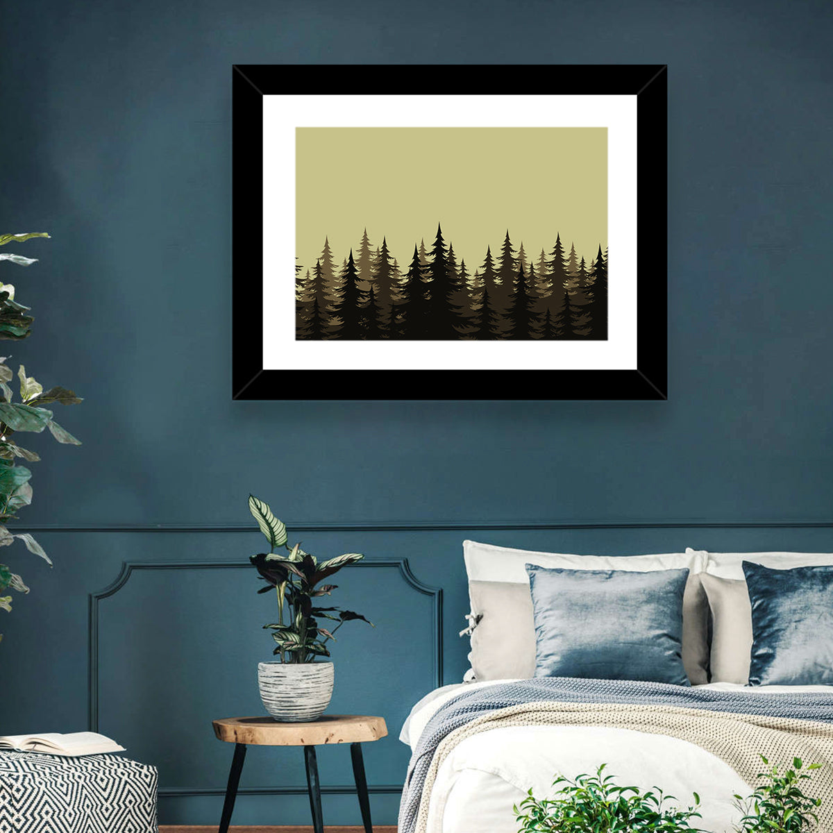 Fir Tree Silhouettes Wall Art in a room, landscape