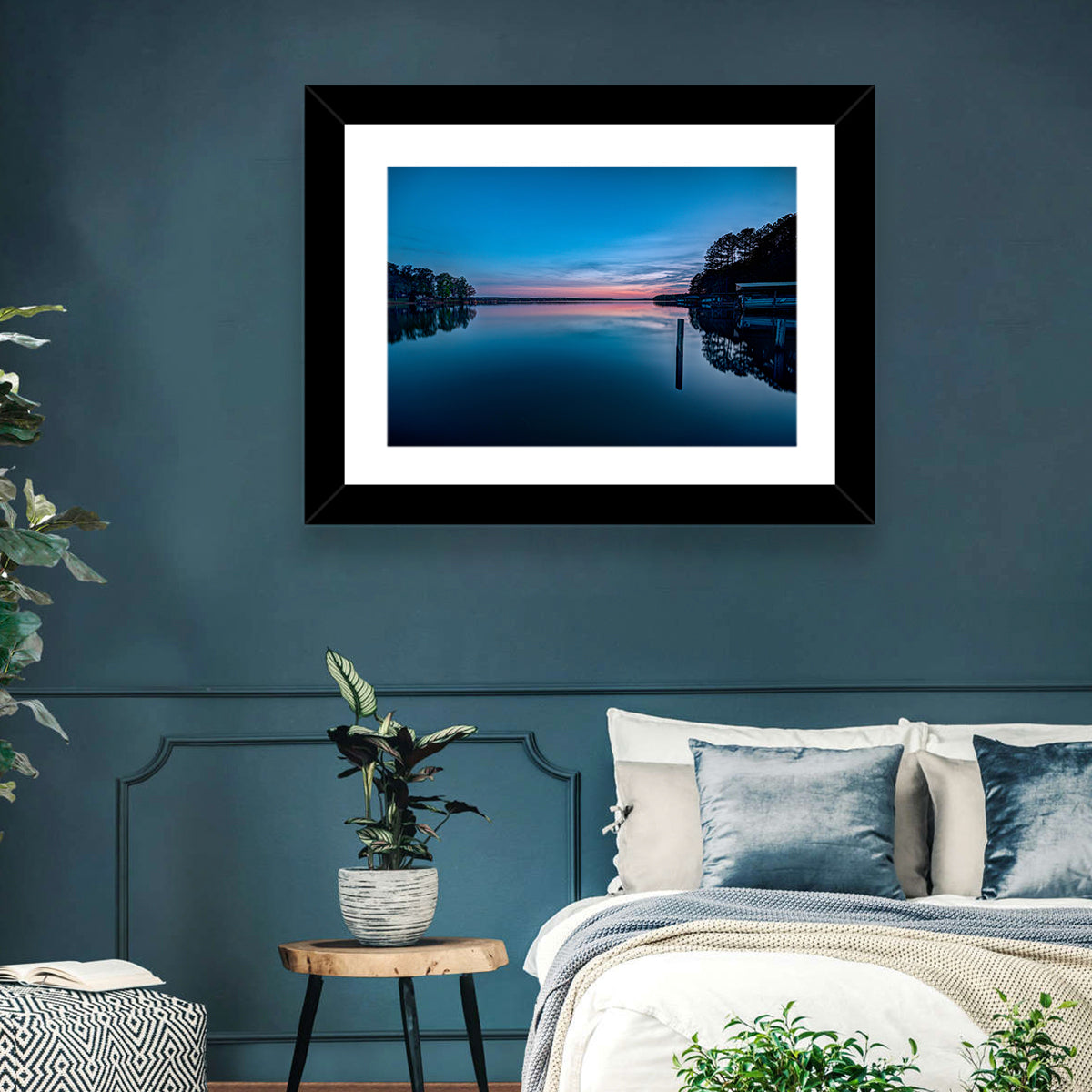 Lake Gaston Twilight Reflection Wall Art in a room, landscape