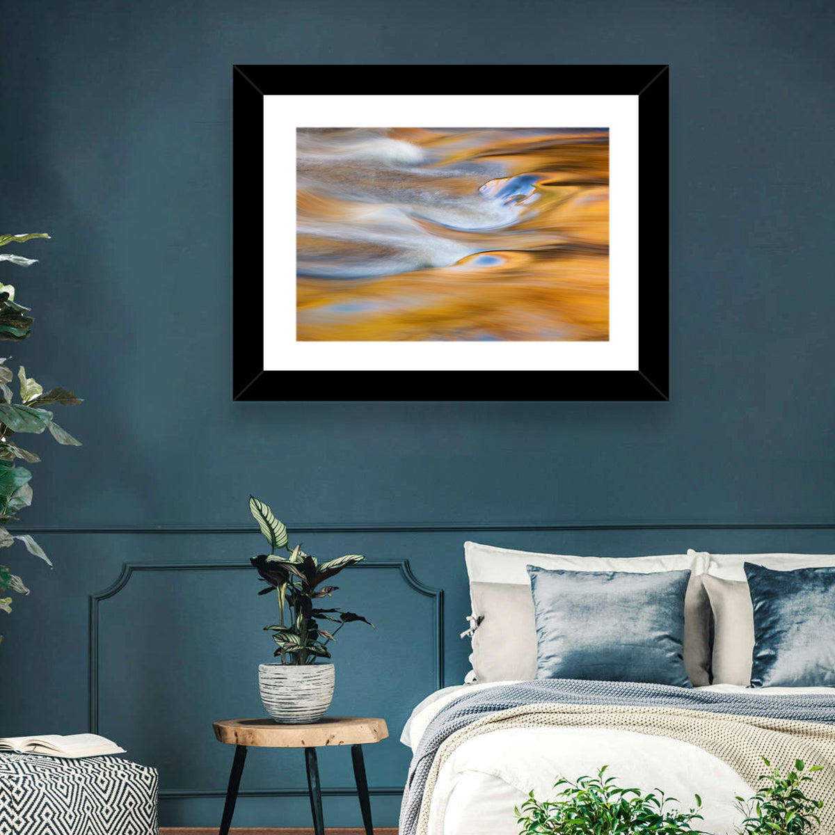 Golden Water Abstraction Wall Art in a room, landscape