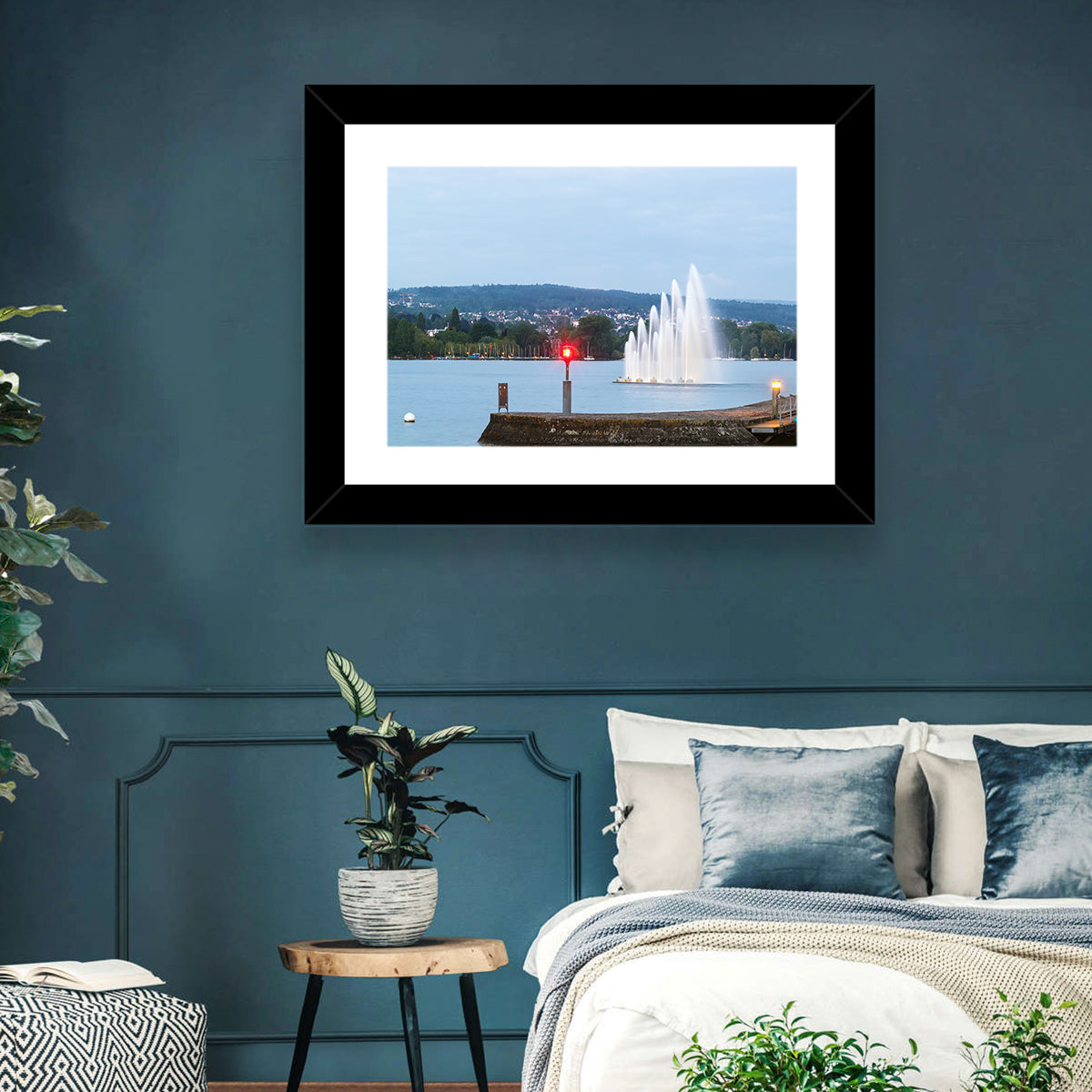 Lake Zurich Fountain at Dusk Wall Art in a room, landscape