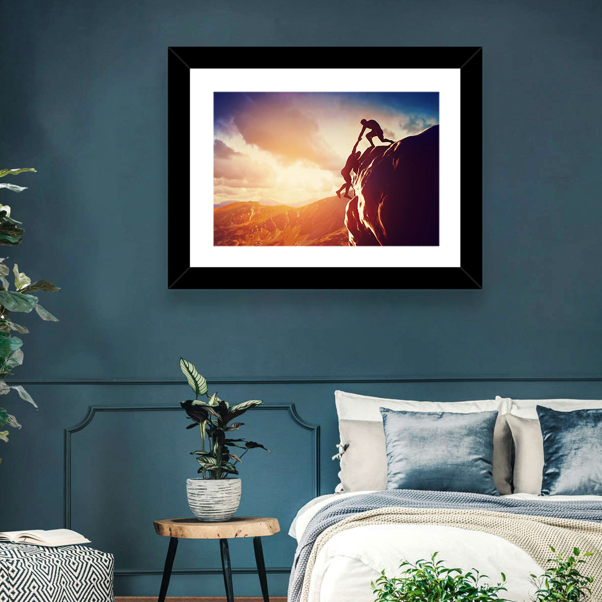 Two Hikers Summit Assist at Sunset Wall Art in a room, landscape