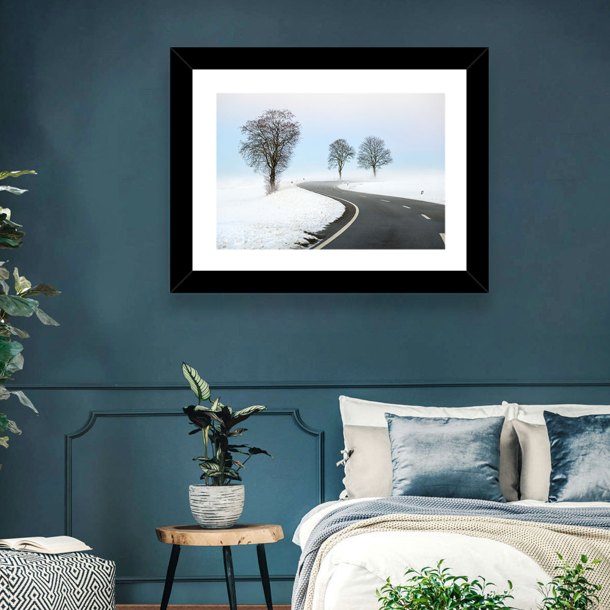 Foggy Winter Road Wall Art in a room, landscape