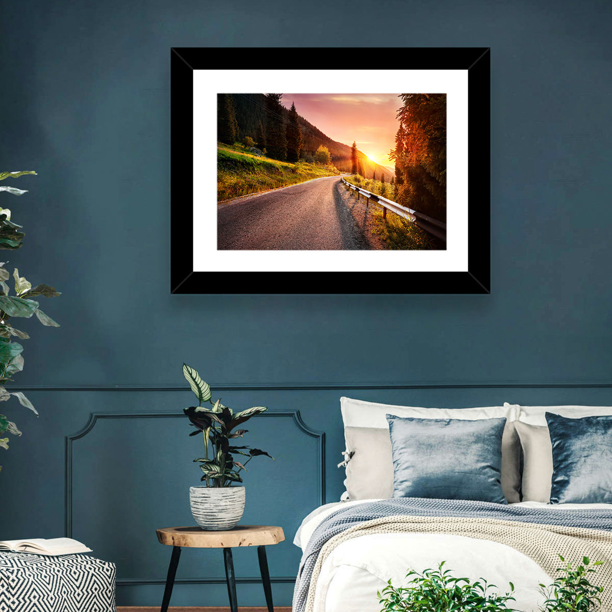 Golden Hour Mountain Road Wall Art in a room, landscape
