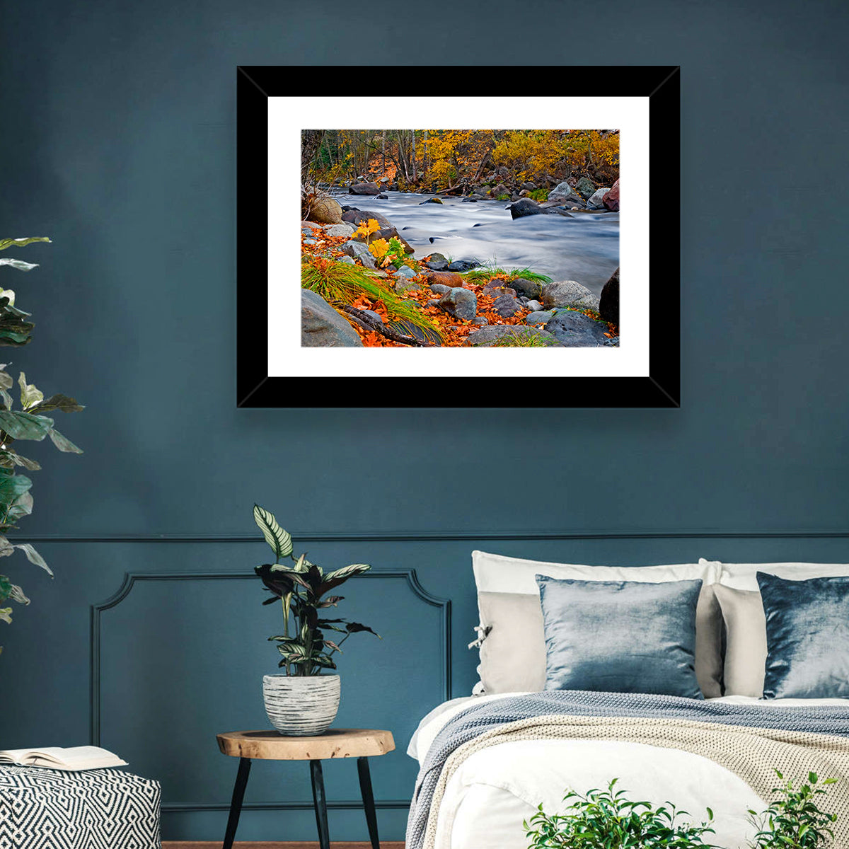 Golden Autumn Forest Creek Wall Art in a room, landscape