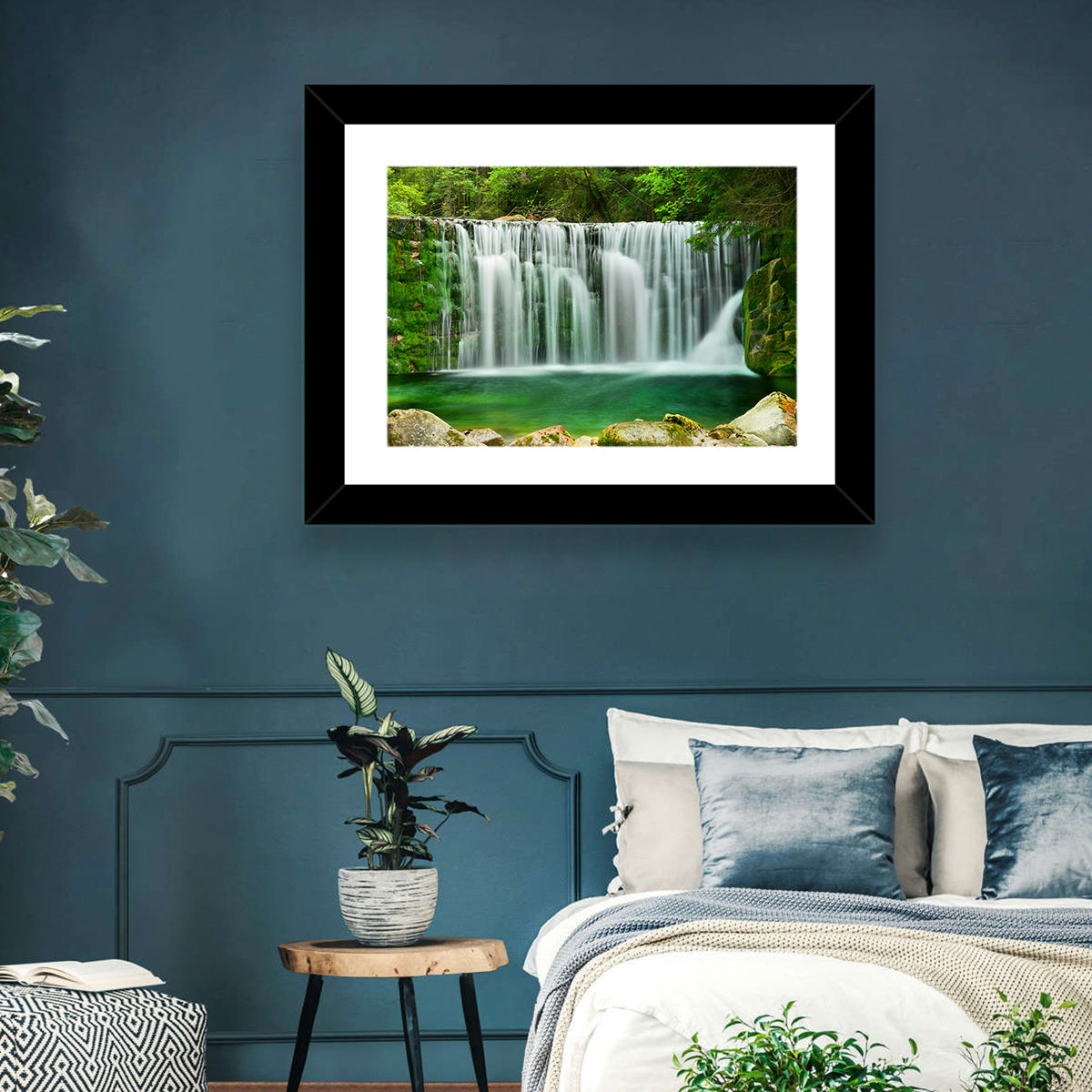 Emerald Lake Waterfall Wall Art in a room, landscape