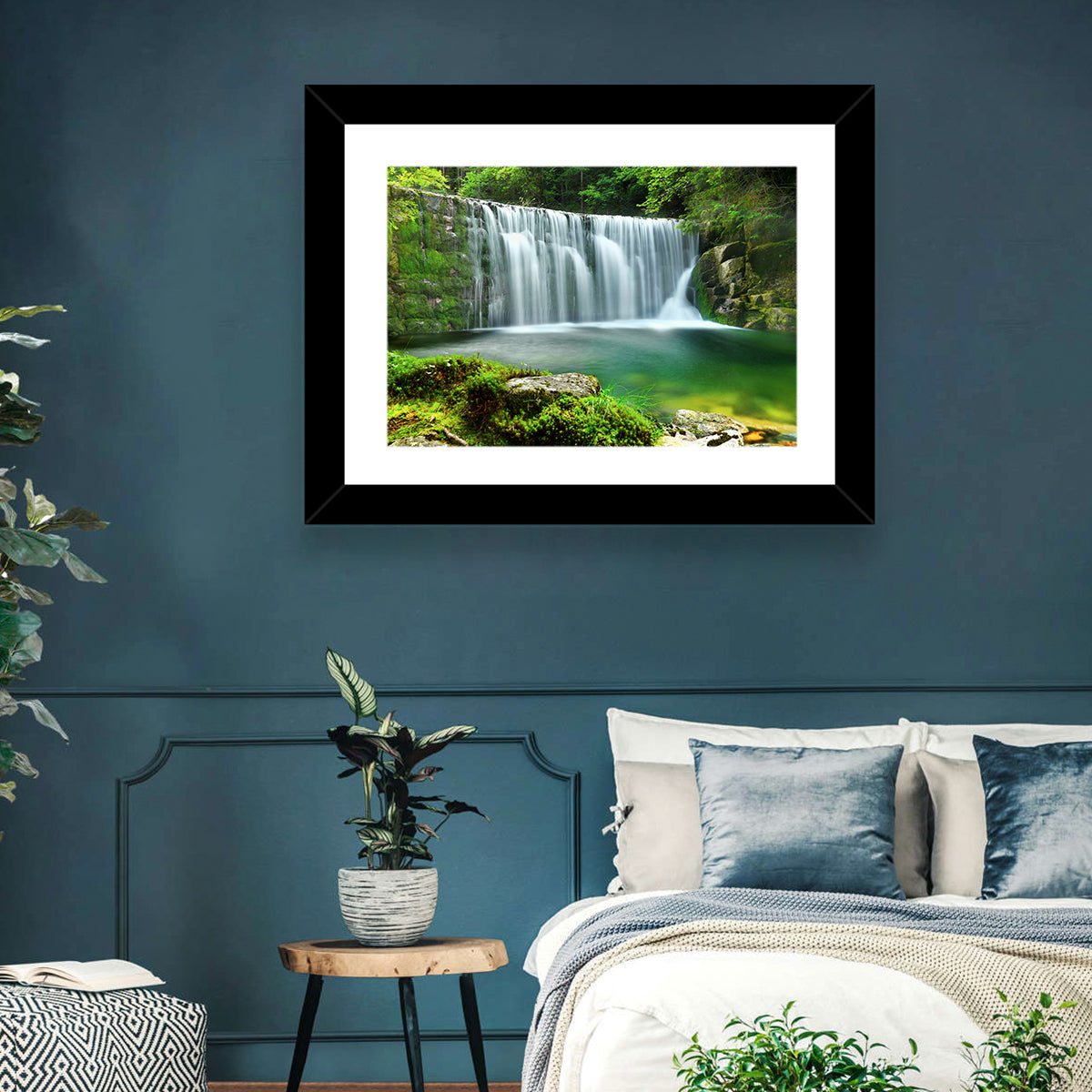 Emerald Forest Waterfall with Mossy Stones Wall Art in a room, landscape