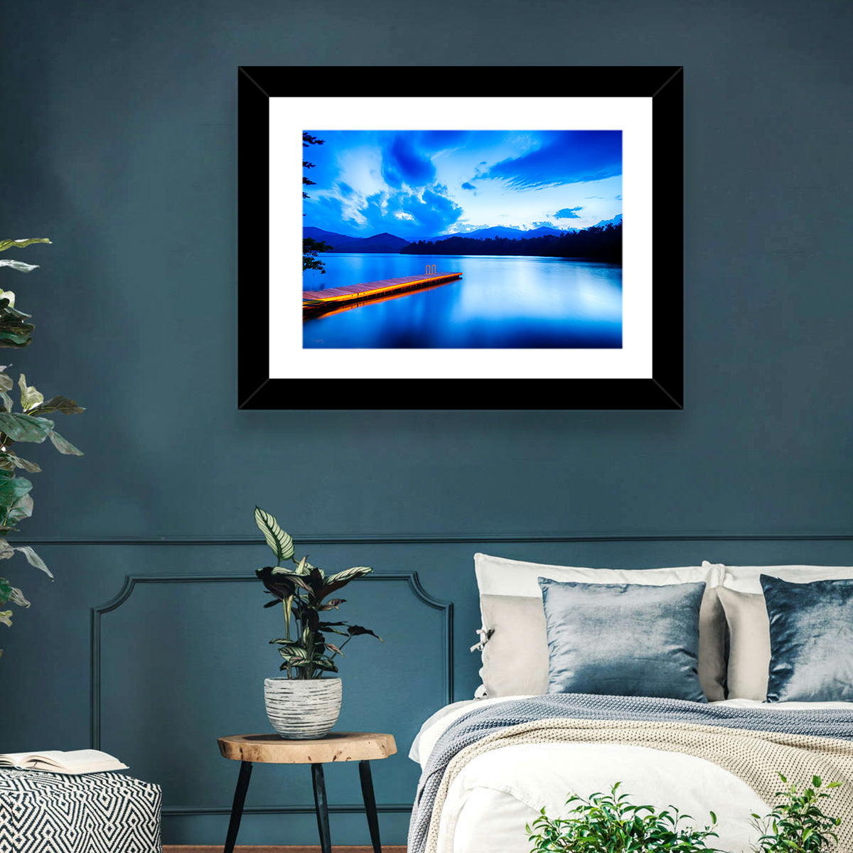 Lake Santeetlah Pier at Dusk Wall Art in a room, landscape