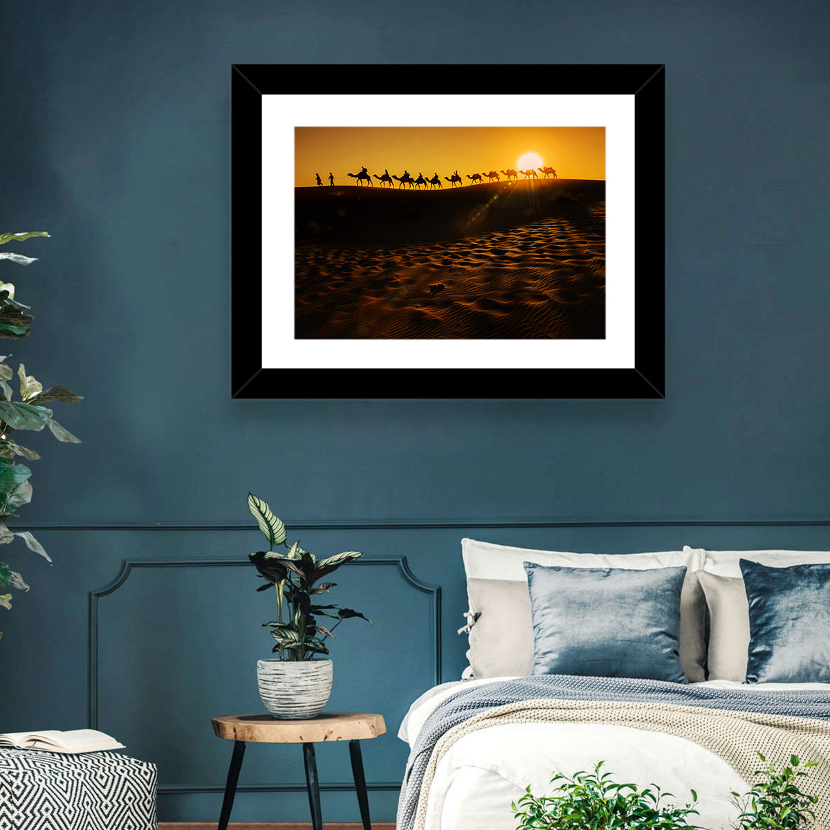 Camel Caravan Silhouette at Golden Sunset Wall Art in a room, landscape