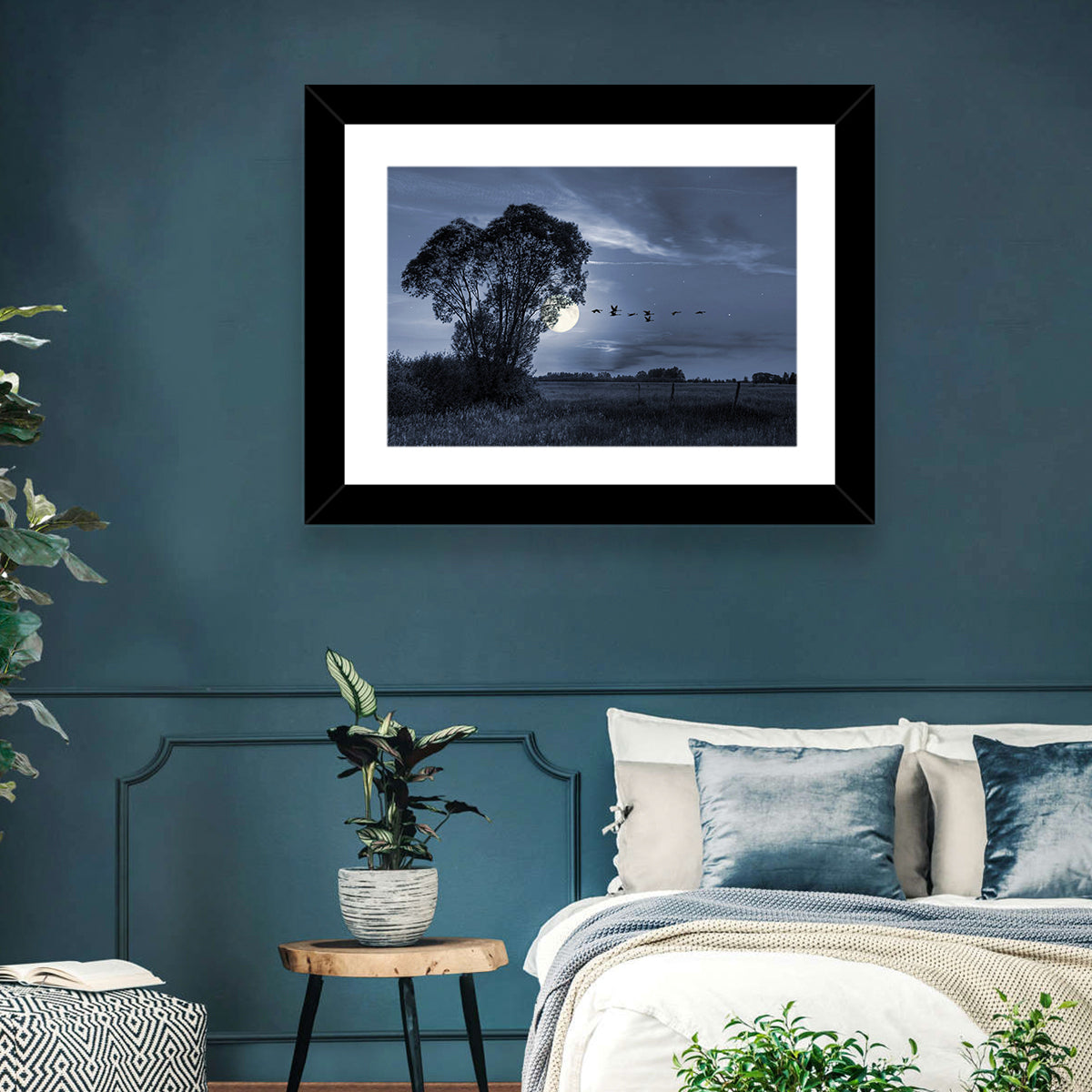 Moonlit Birds Over Quiet Field Wall Art in a room, landscape