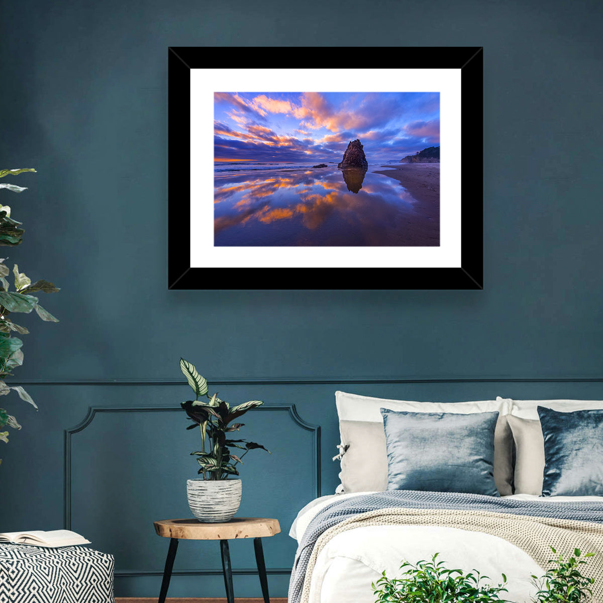 Oregon Coast Sea Stack Sunset Wall Art in a room, landscape