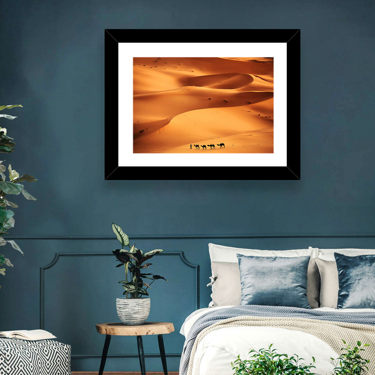 Desert Camel Caravan in Golden Dunes Wall Art in a room, landscape