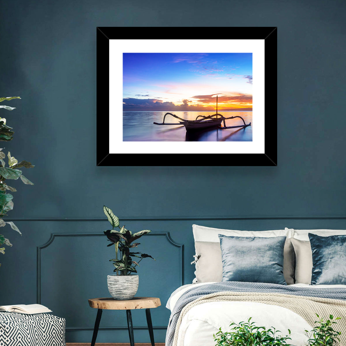 Jukung Fishing Boat at Sunset Wall Art in a room, landscape