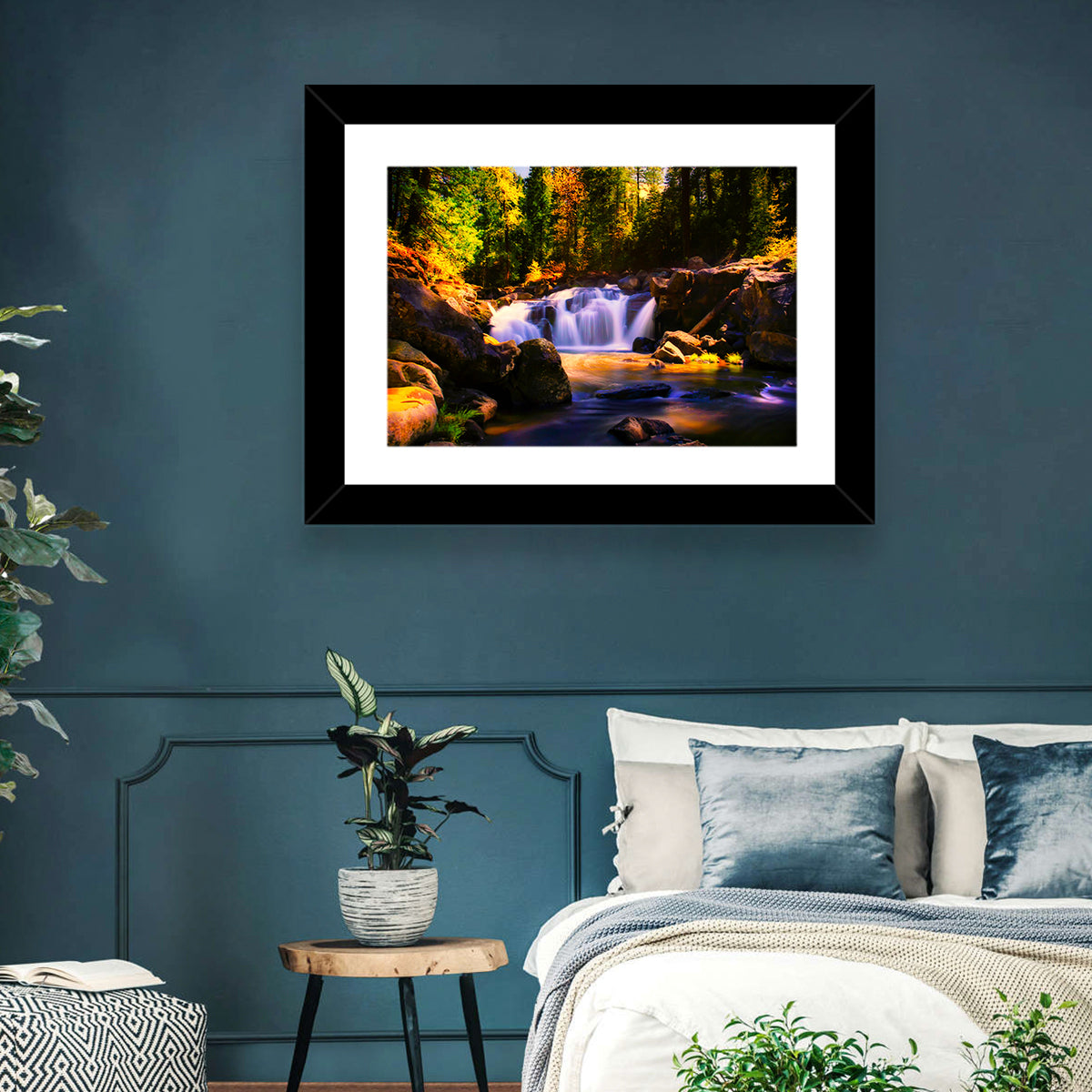 Autumn Mountain Waterfall Wall Art in a room, landscape