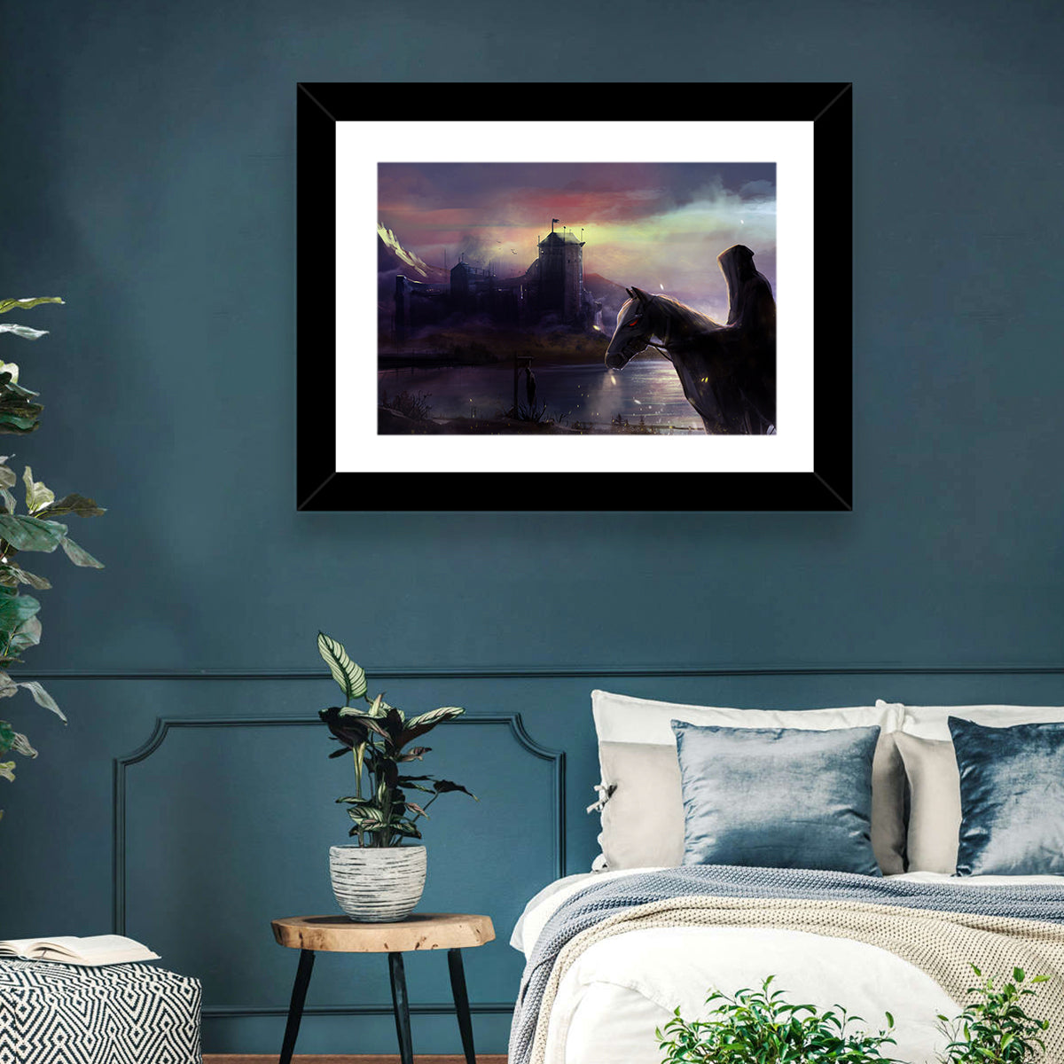 Horseman at Dusk by Misty Castle Wall Art in a room, landscape