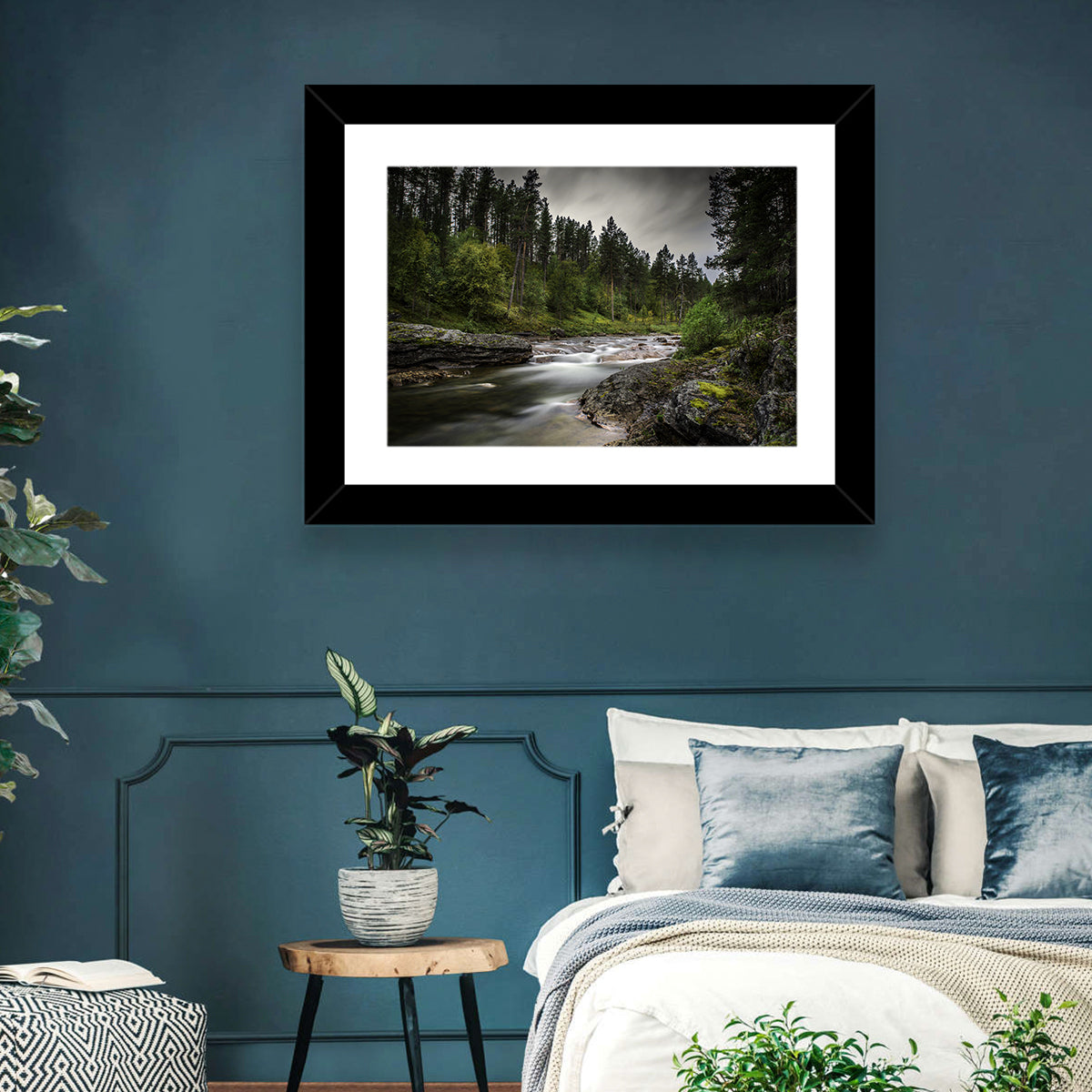 Mossy Forest Stream Wall Art in a room, landscape