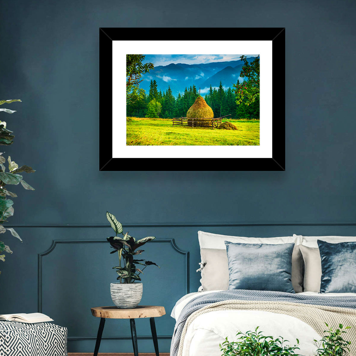 Haystack in Mountain Meadow Wall Art in a room, landscape
