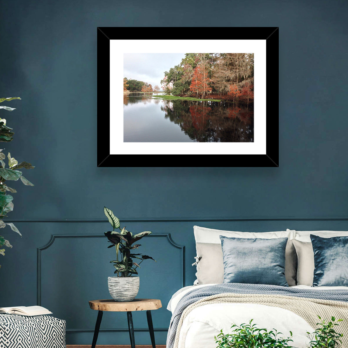 Autumn Lake Reflection Wall Art in a room, landscape