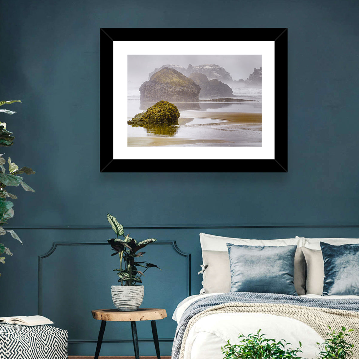 Misty Oregon Sea Stacks Wall Art in a room, landscape