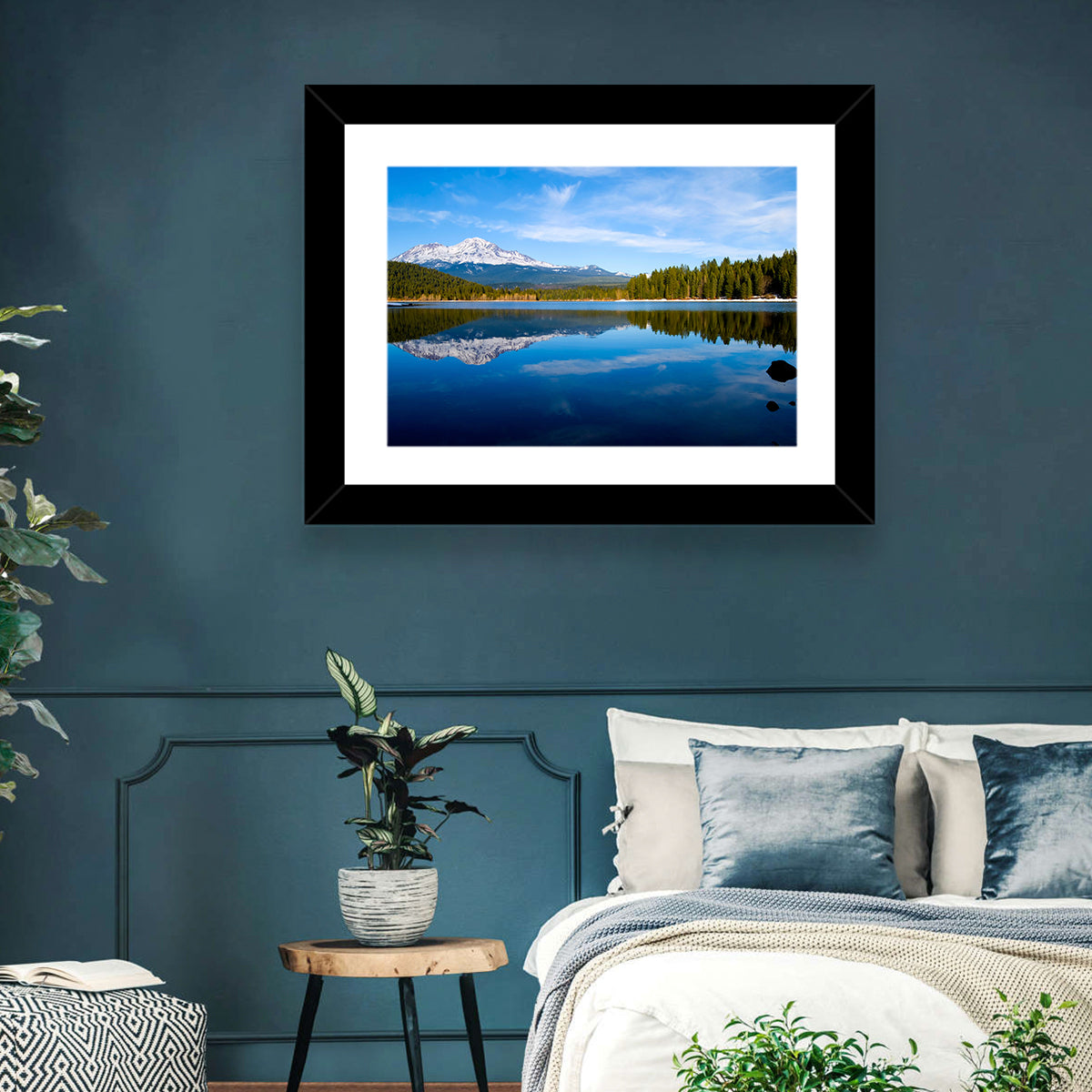 Northern California Snow Capped Lake Wall Art in a room, landscape