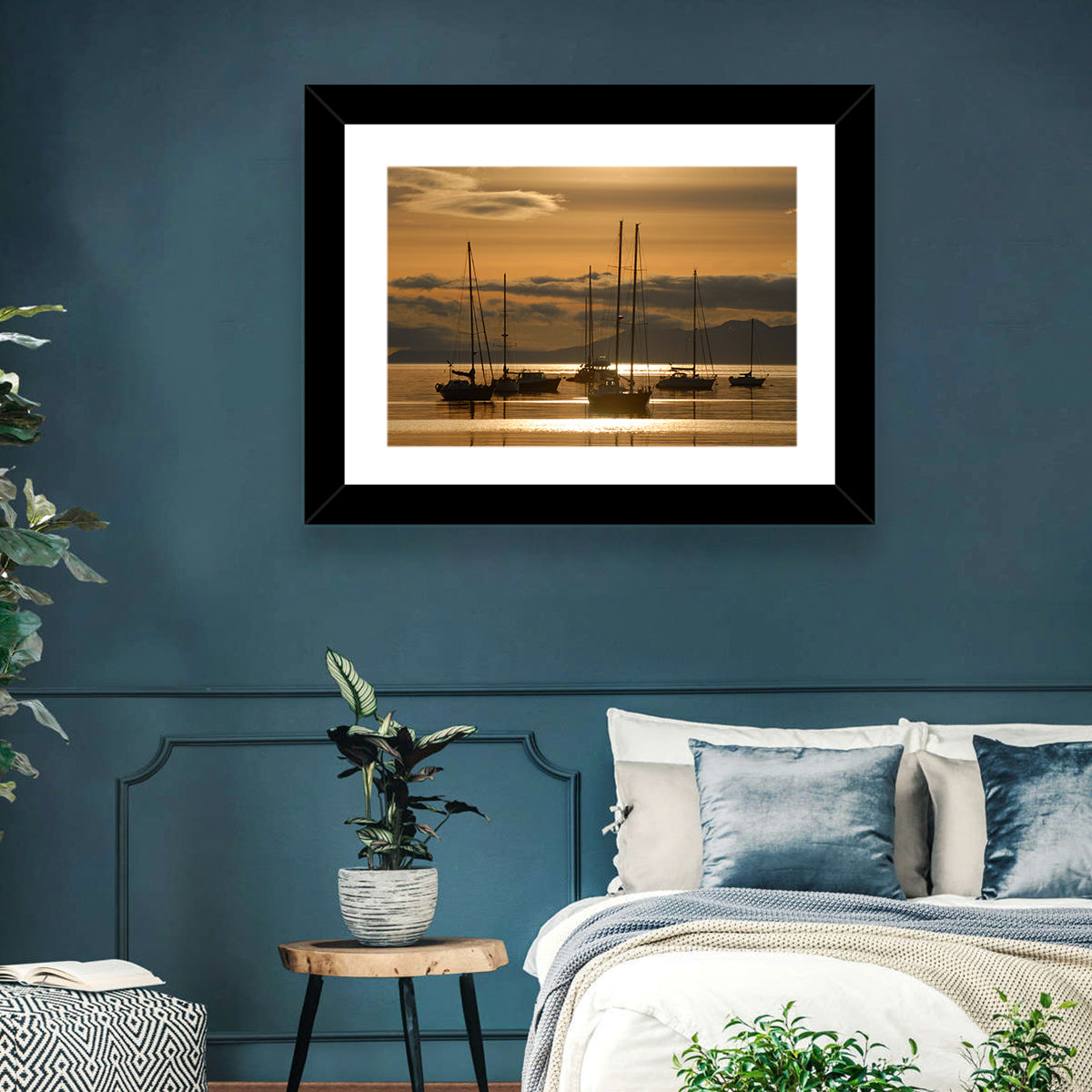 Sailboats at Sunrise Wall Art in a room, landscape
