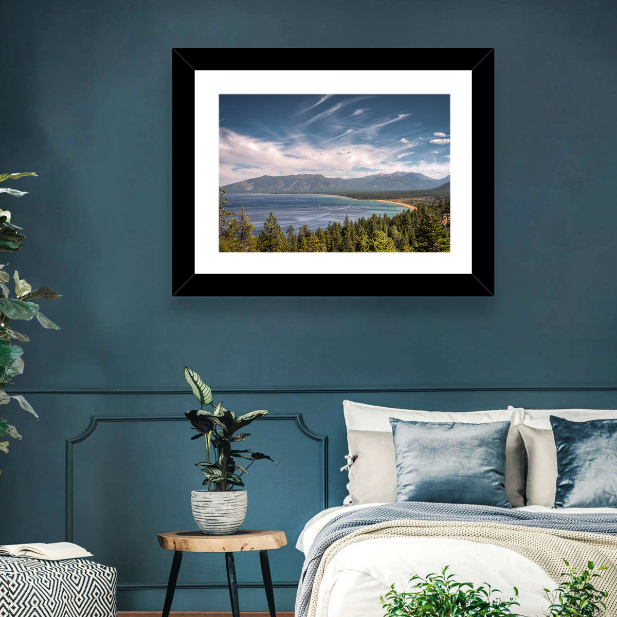 Pines Above a Blue Lake Wall Art in a room, landscape