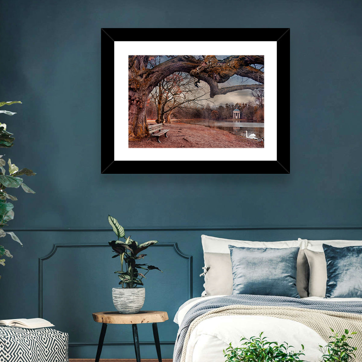 Autumn Pavilion with Swan Wall Art in a room, landscape