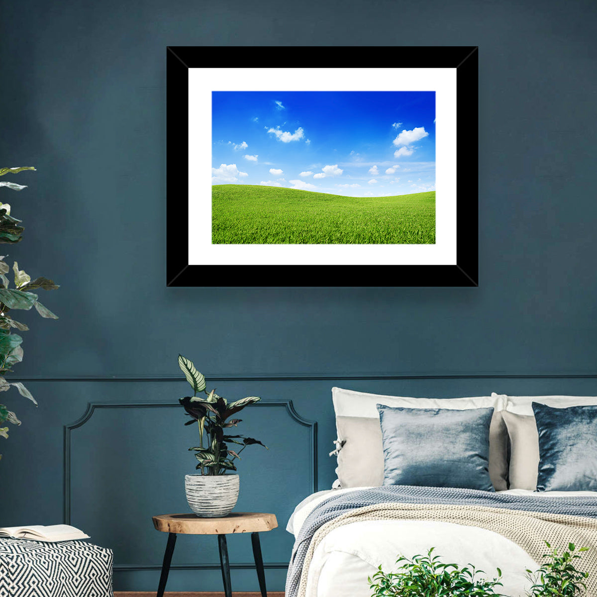 Rolling Green Meadow Under Blue Sky Wall Art in a room, landscape