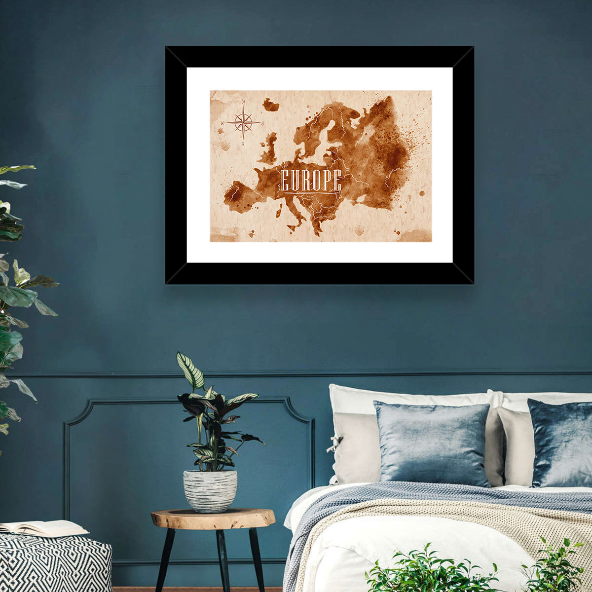 Retro Europe Map Wall Art in a room, landscape