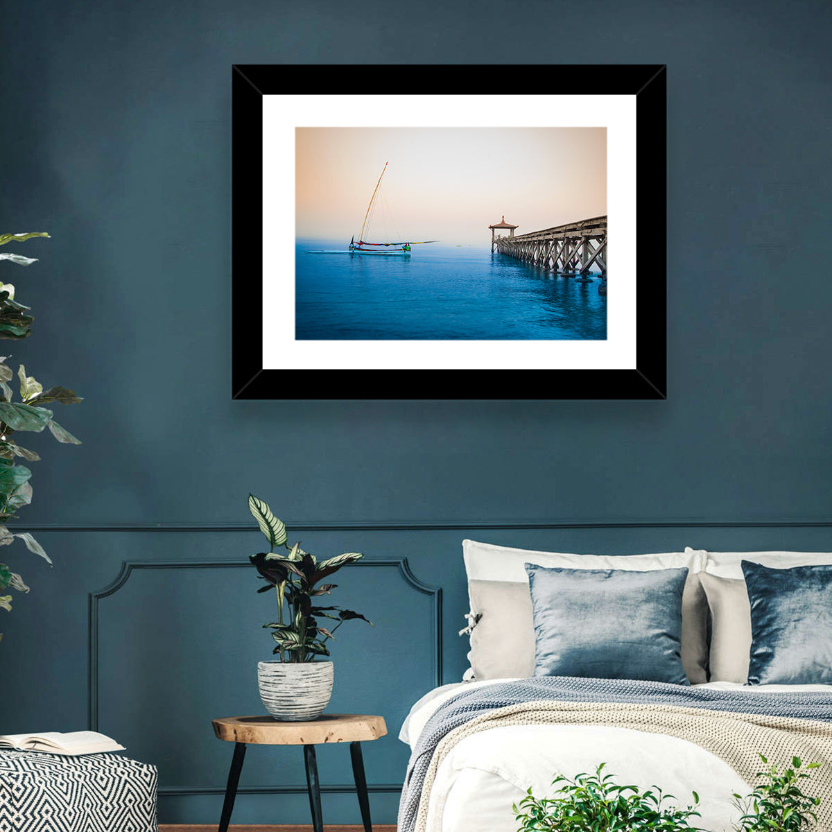 Outrigger Boat and Pier Wall Art in a room, landscape