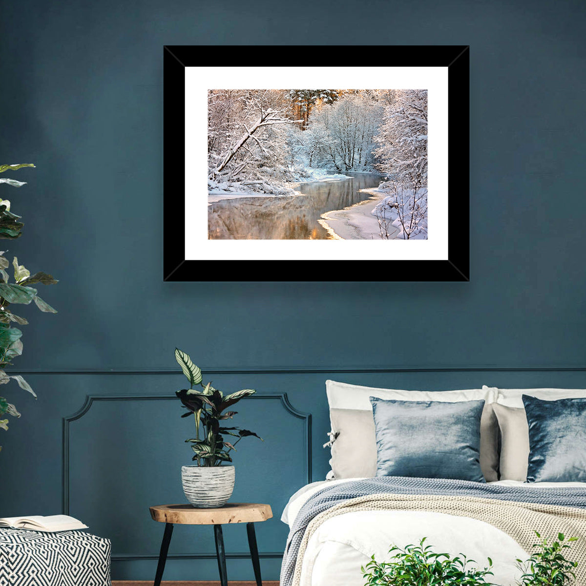 Snow-covered Stream at Golden Hour Wall Art