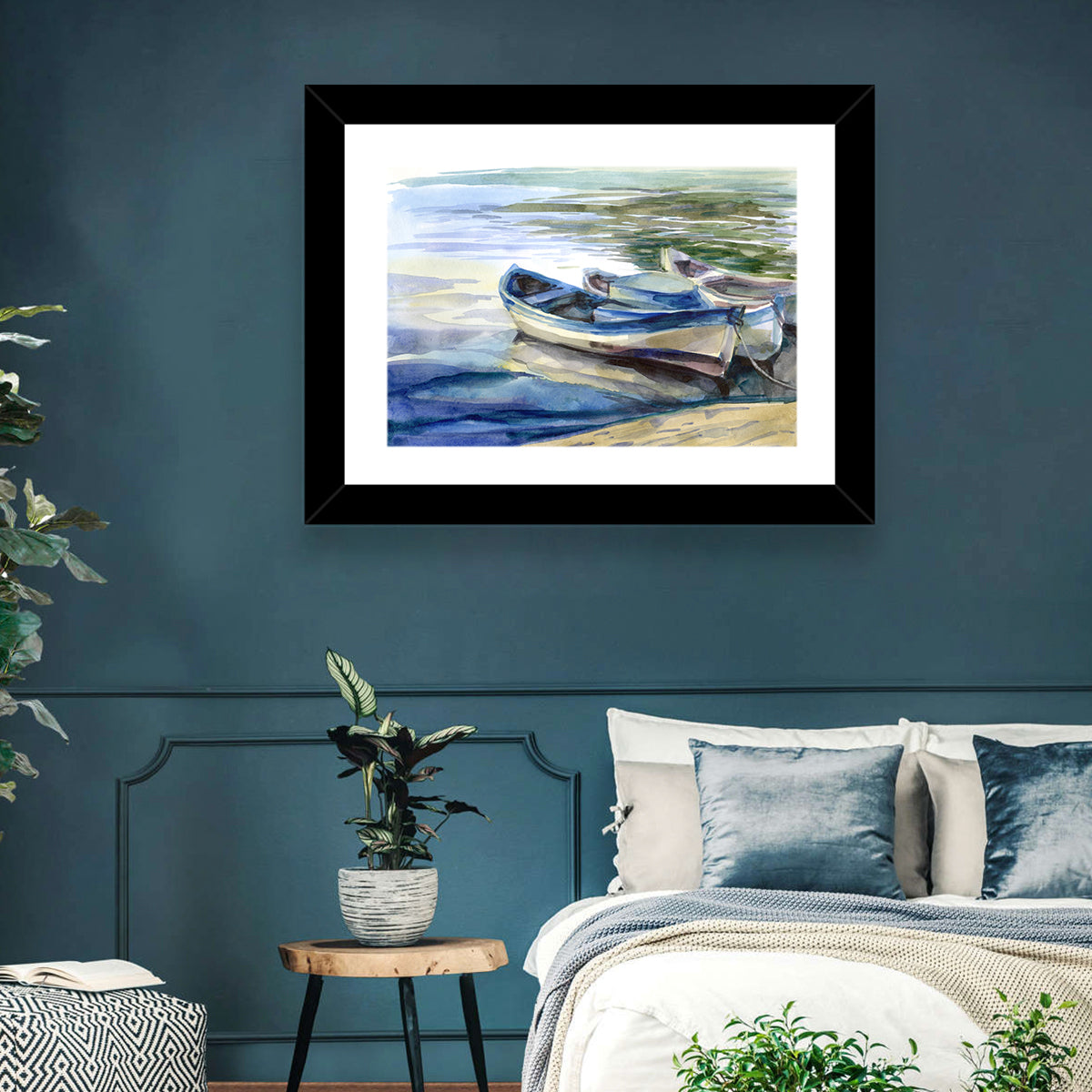 Watercolor Rowboats by the Shore Wall Art in a room, landscape