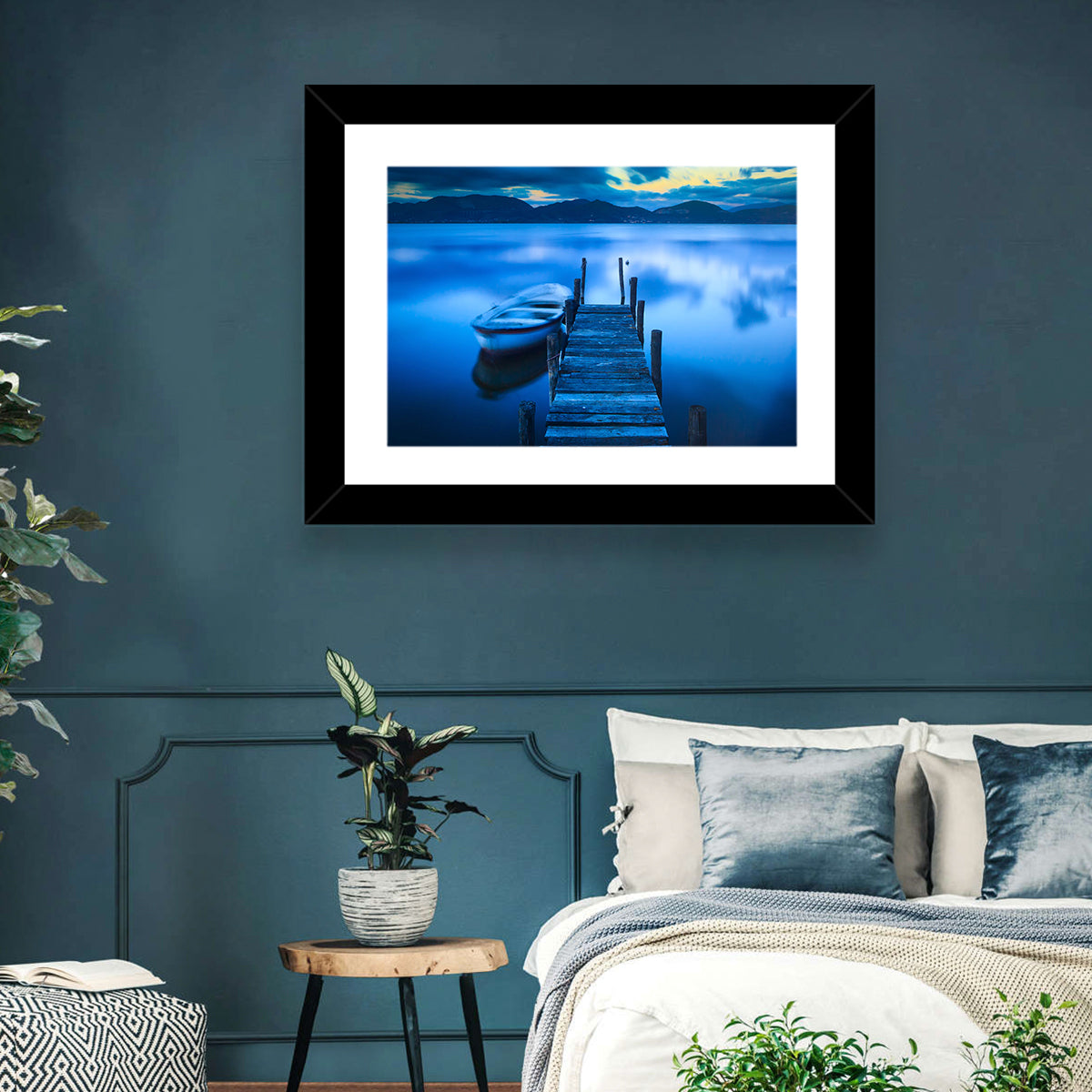 Boat and Wooden Pier Wall Art in a room, landscape