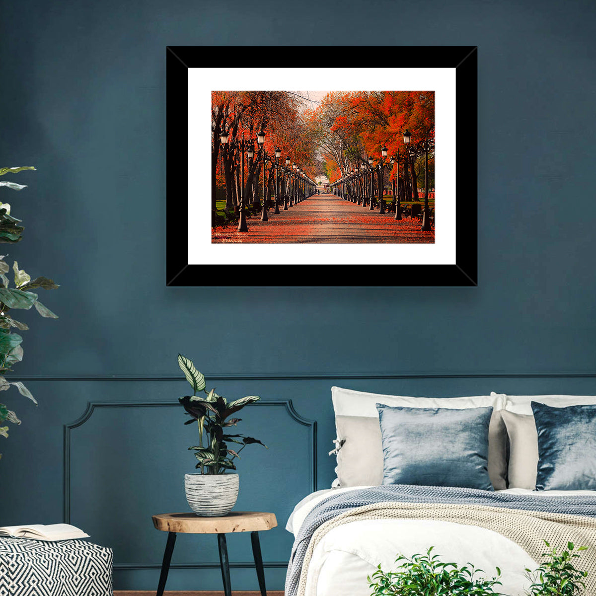 Autumn Park Path with Vintage Lampposts Wall Art in a room, landscape