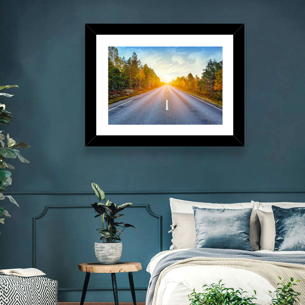 Sunlit Autumn Forest Road Wall Art in a room, landscape