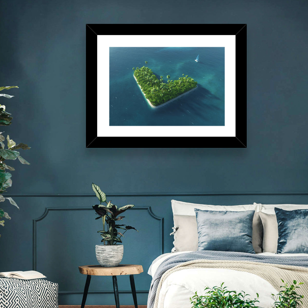 V-shaped Tropical Island with Distant Catamaran Wall Art in a room, landscape