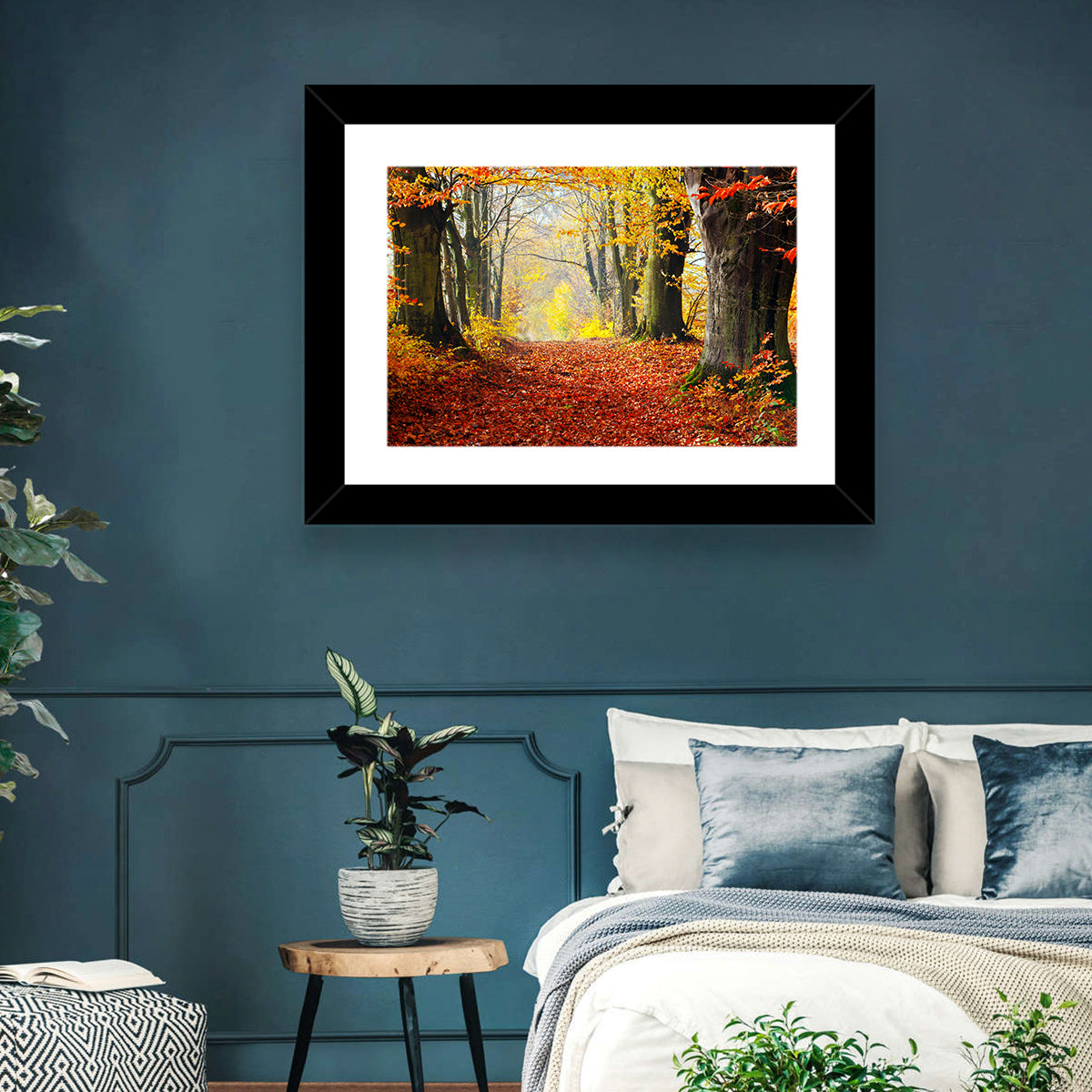 Misty Autumn Forest Path Wall Art in a room, landscape