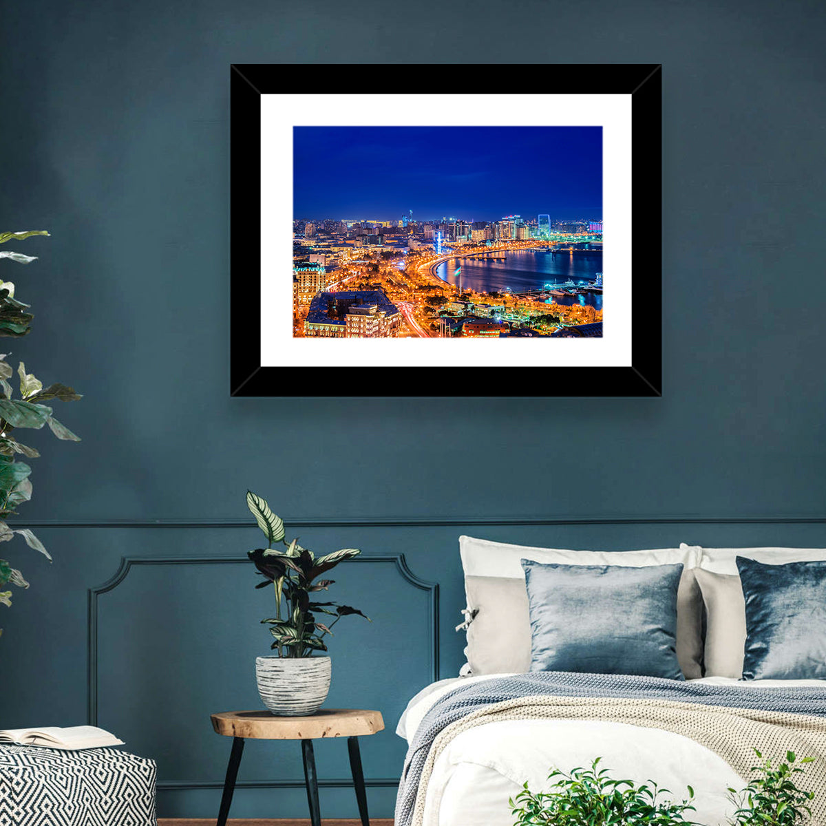 Baku Night Skyline Wall Art in a room, landscape