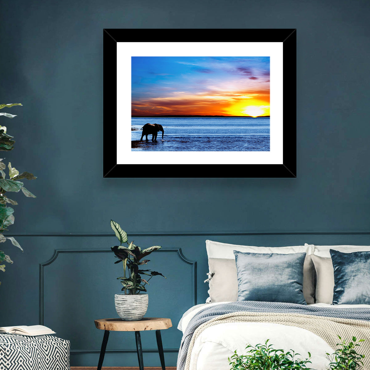 Elephant Silhouette at Beach Sunset Wall Art in a room, landscape