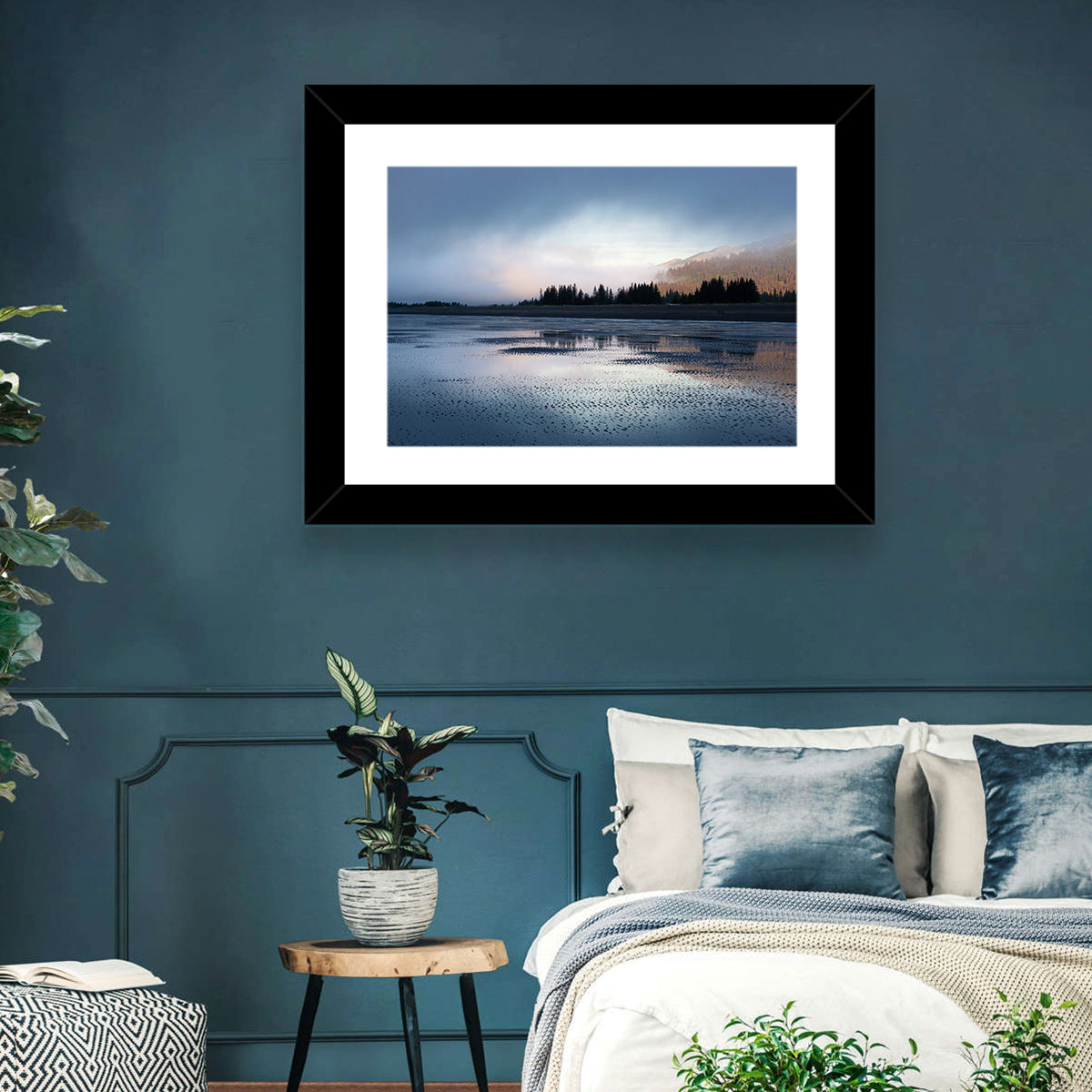 Lake Clark Foggy Shoreline Wall Art in a room, landscape