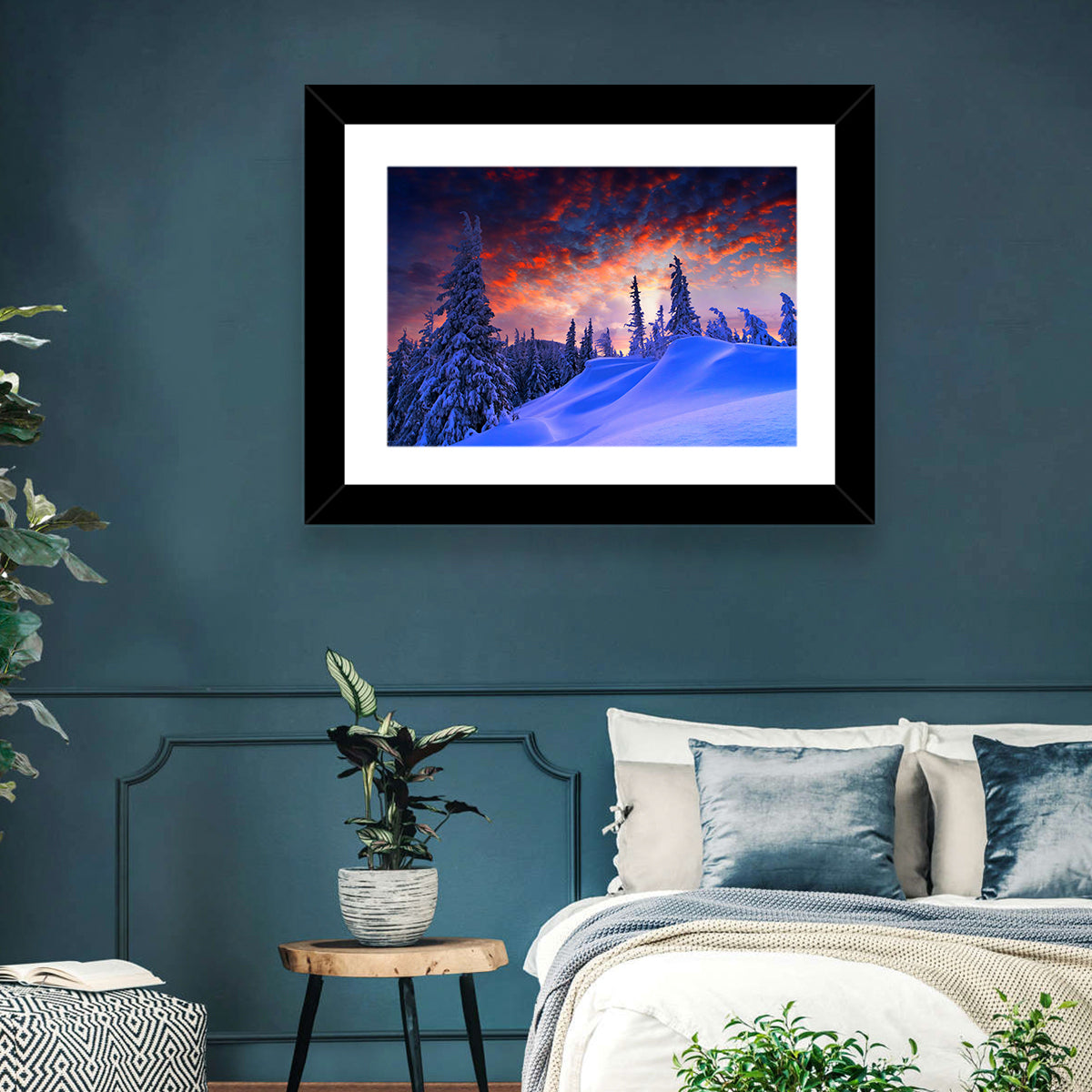 Snow-covered Mountain Sunset Wall Art in a room, landscape