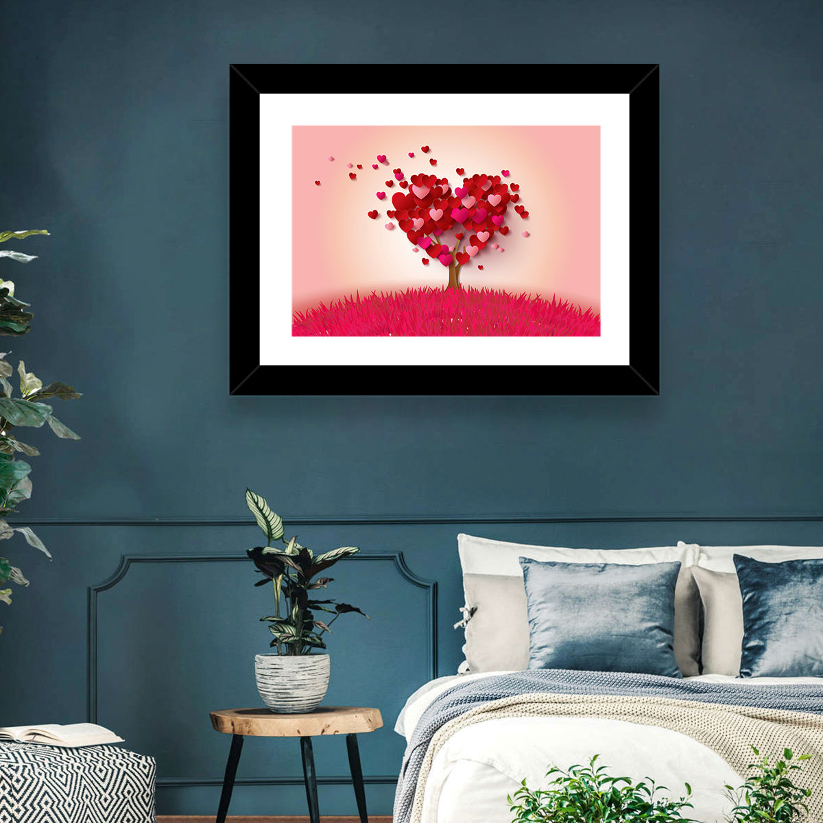 Whimsical Heart Tree Illustration Wall Art in a room, landscape