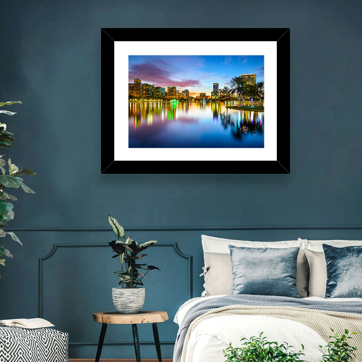 Orlando Lake Eola Skyline Wall Art in a room, landscape