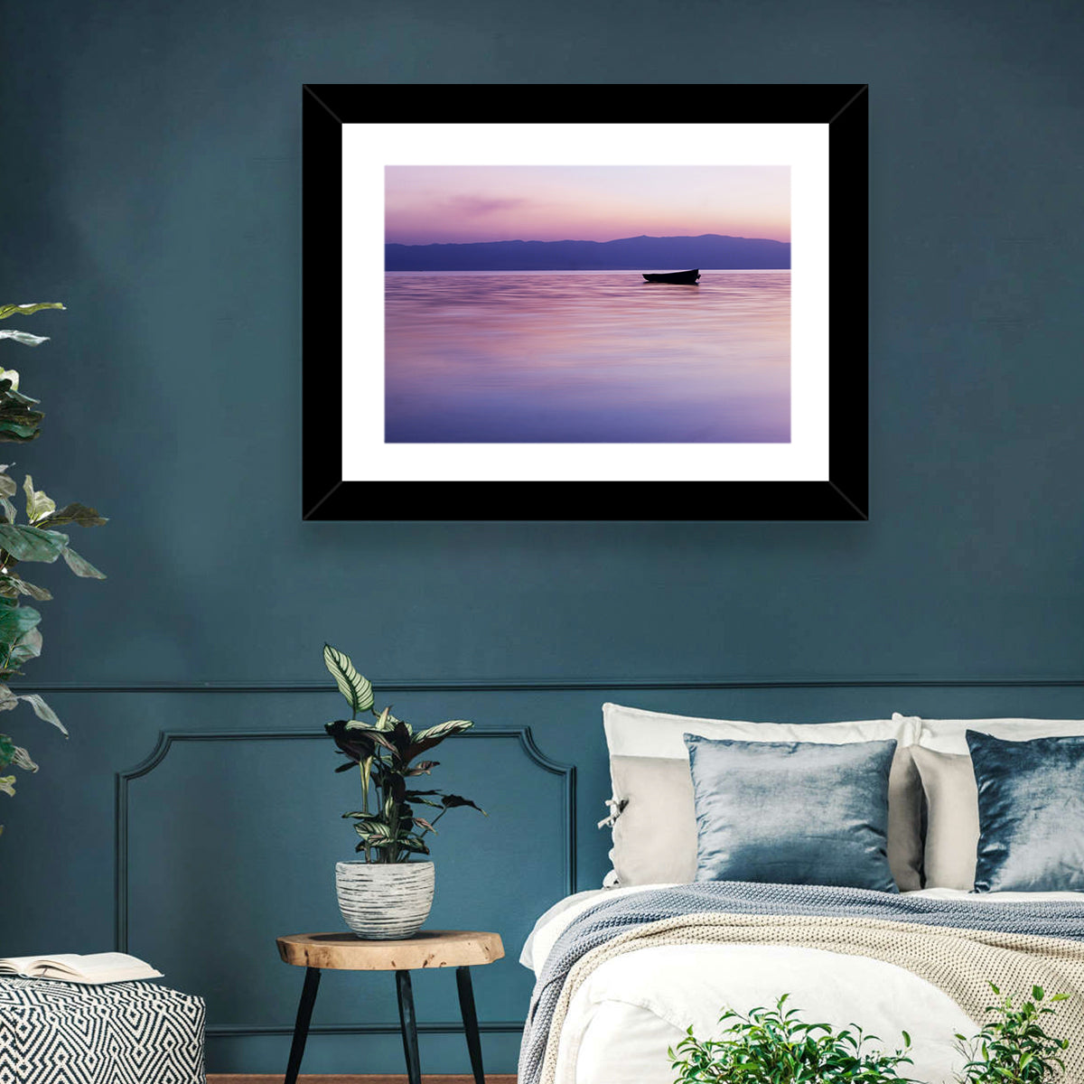 Lavender Lake Ohrid Sunset Wall Art in a room, landscape
