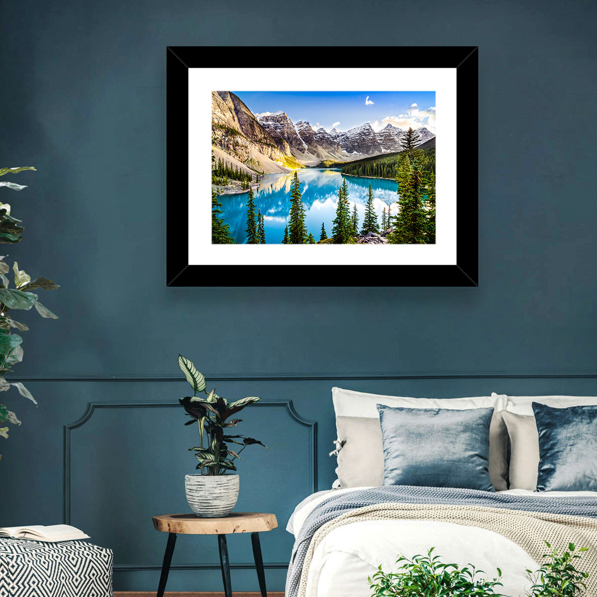 Moraine Lake Reflections Wall Art in a room, landscape