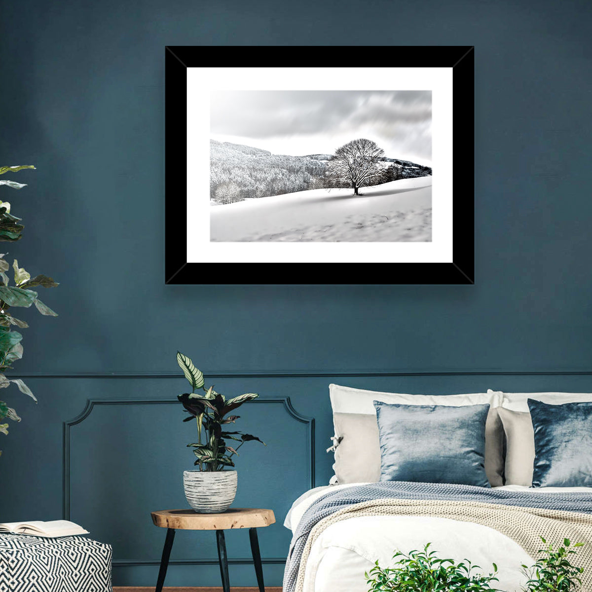 Solitary Snowy Tree Landscape Wall Art in a room, landscape