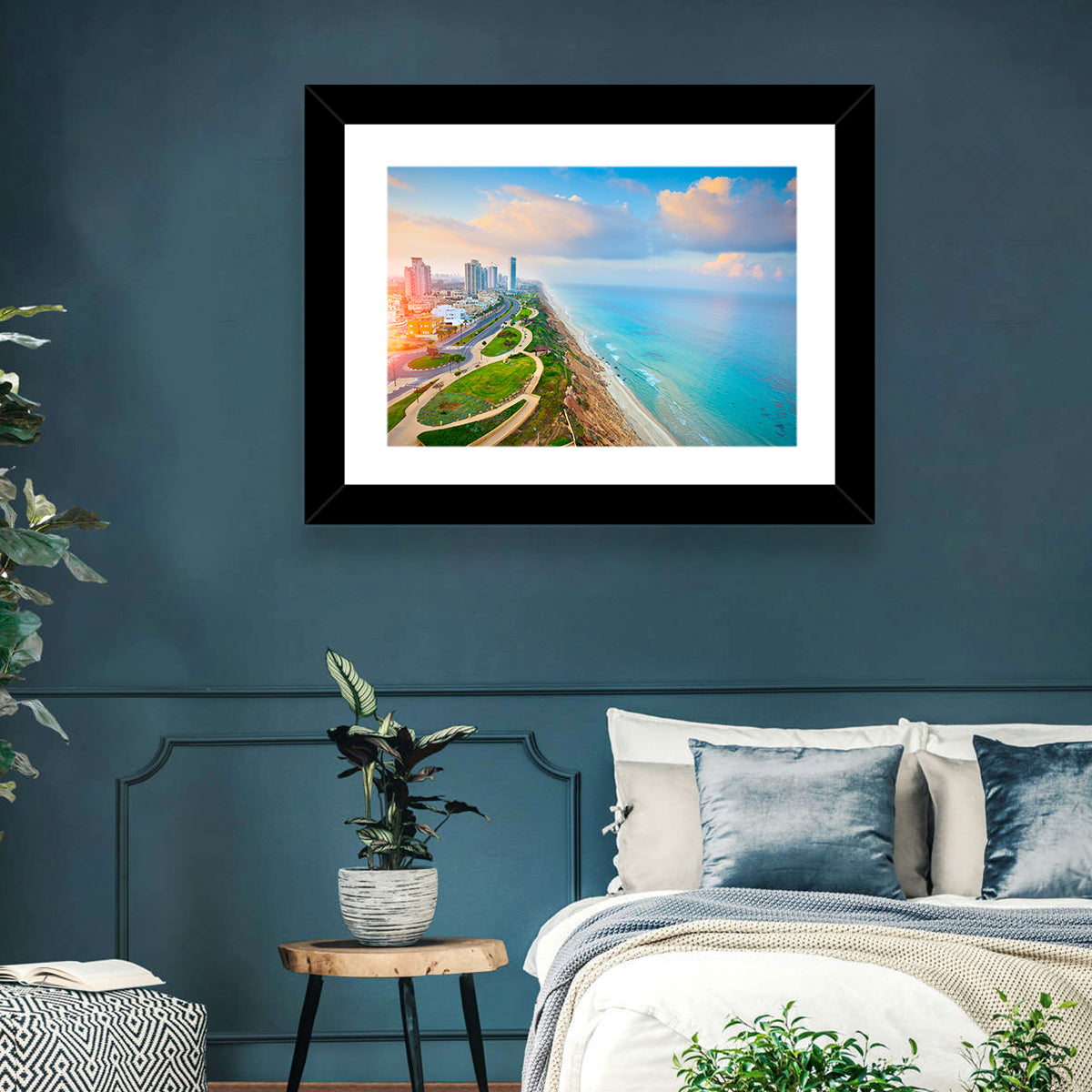Netanya Coastline at Golden Hour Wall Art in a room, landscape