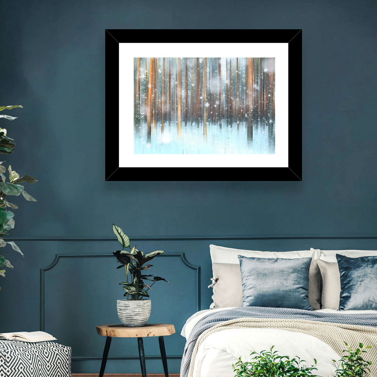 Ethereal Snowy Pine Forest Wall Art in a room, landscape
