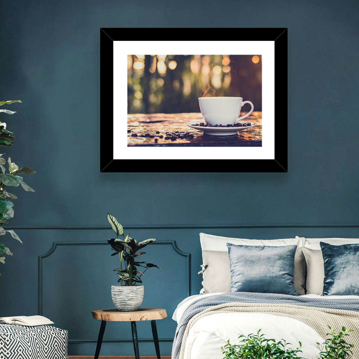 Steaming White Coffee Cup Wall Art in a room, landscape