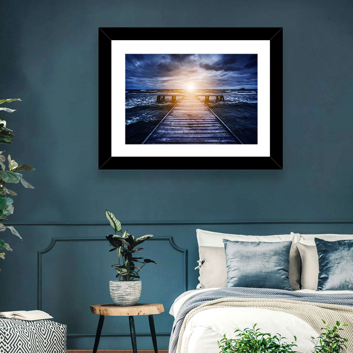Sunlit Wooden Jetty at Dusk Wall Art in a room, landscape